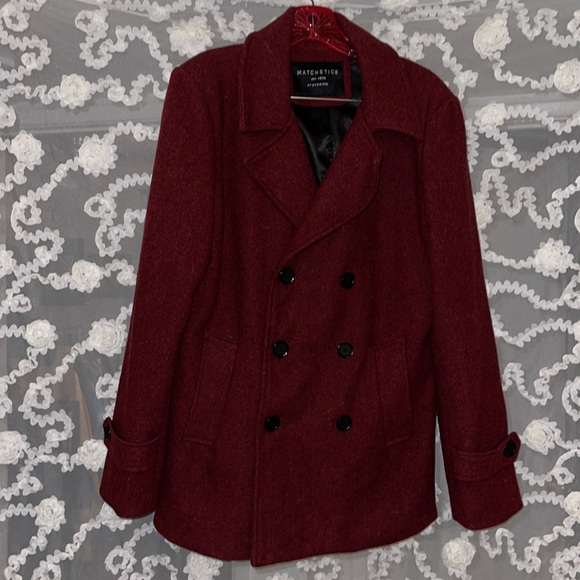 Matchstick Maroon Polyester Long Sleeve Double Breasted Fitted PeaCoat Large - Picture 1 of 5